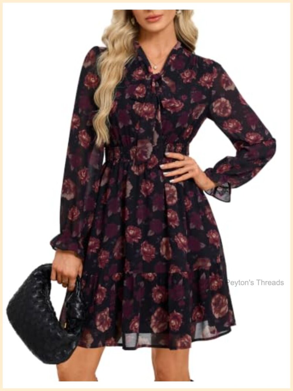 Women's Long Sleeve Floral Mini Dress Chiffon V-Neck Smocked Waist A-Line